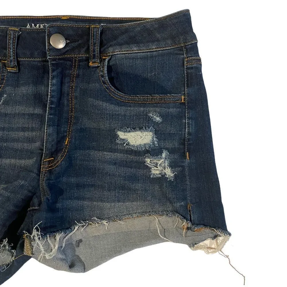 American Eagle Hi Rise Shortie Denim Distressed Shorts‎ Sz 6